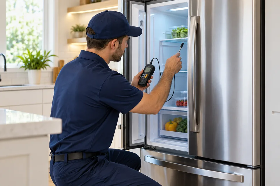 Buzdolabı sıcaklığını ölçen teknik servis çalışanı
