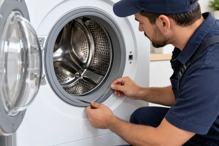 Çamaşır makinesi kapı contasını inceleyen teknisyen